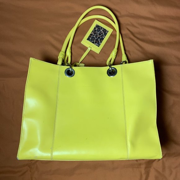 Wilson's Leather Yellow Tote Bag with Leopard Print Interior - Picture 8 of 11